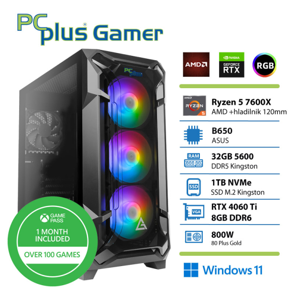 PCPLUS Gamer Ryzen 5 7600X 32GB 1TB NVMe SSD RTX 4060Ti 8GB Windows 11 + Xbox GP gaming namizni računalnik