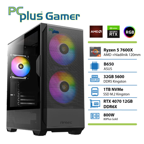 PCPLUS Gamer Ryzen 5 7600X 32GB 1TB NVMe SSD RTX 4070 12GB gaming namizni računalnik