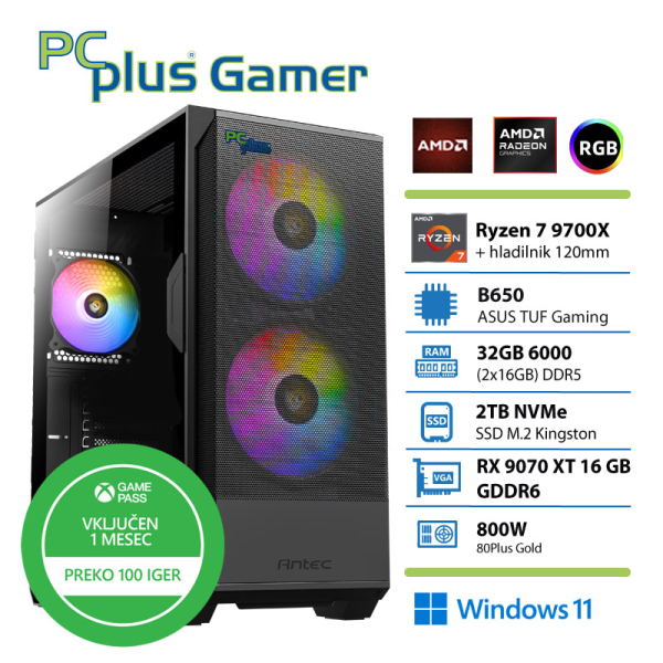 PCPLUS Gamer Ryzen 7 9700X 32GB 2TB SSD RX 9070XT 16GB Windows 11 Home + Xbox GP gaming namizni računalnik
