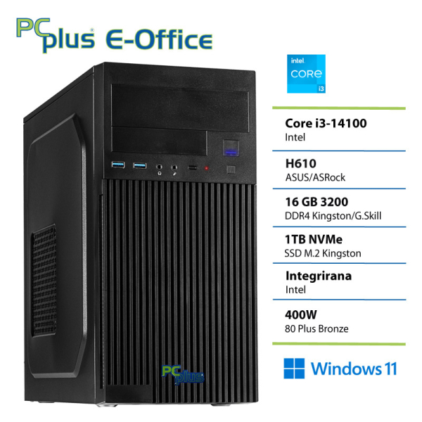 PCplus e-Office i3-14100 16GB 1TB Windows 11 Home namizni računalnik