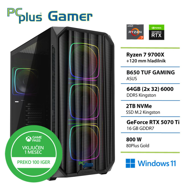 PCPLUS Gamer Ryzen 7 9700X 64GB 2TB SSD RTX 5070Ti 16GB Windows 11 Home gaming namizni računalnik