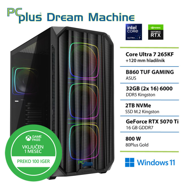 PCPLUS Dream Machine Ultra 7 265K 32GB 2TB SSD RTX 5070Ti 16GB Windows 11 Home gaming namizni računalnik