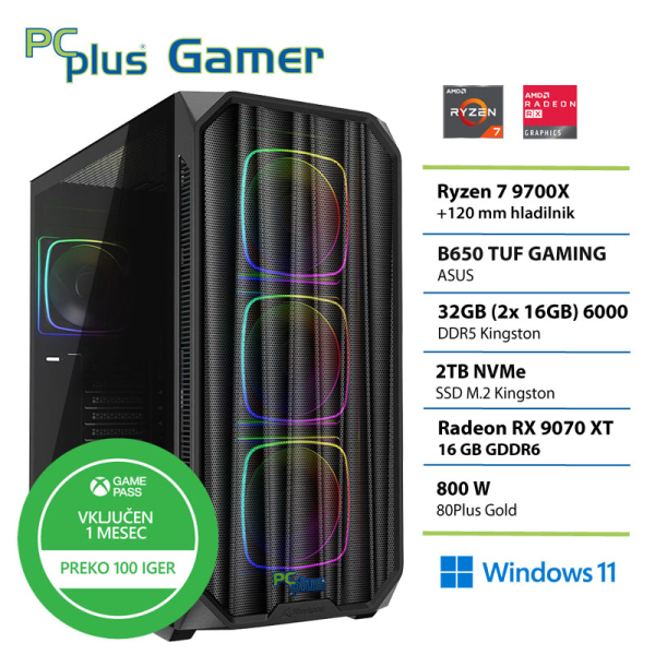 PCPLUS Gamer Ryzen 7 9700X 32GB 2TB SSD RX 9070XT Windows 11 Home gaming namizni računalnik