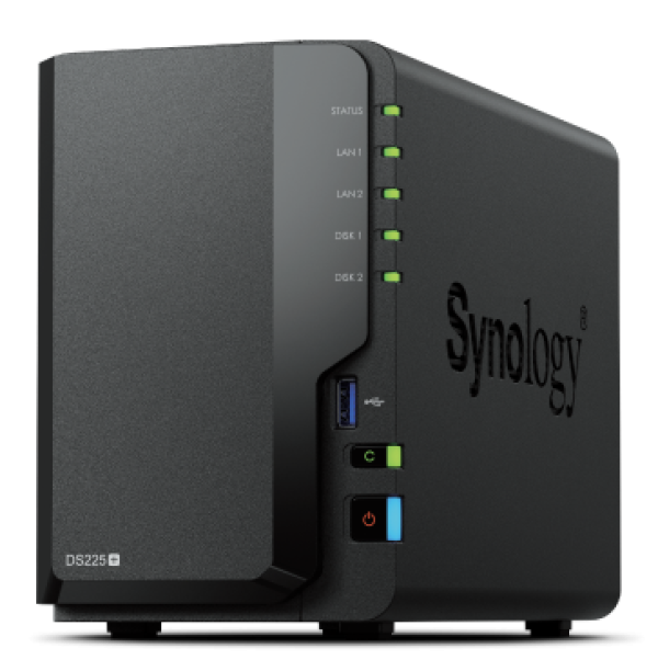 Synology DS225+, Tower, 2-bays 3.5'' SATA HDD/SSD, CPU Inte Celeron J4125 4-core (4-thread) 2.0 GHz, burst up to 2.7 GHz, 2 GB DDR4 non-ECC (expandable up to 6 GB), 1xRJ-45 1GbE LAN, 1xRJ-45 2.5 GbE LAN, 2xUSB 3.2 Gen 1, 1.3 kg, 3yr warranty
