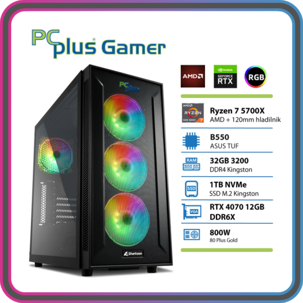 PCPLUS Gamer Ryzen 7 5700X 32GB 1TB NVMe SSD GeForce RTX 4070 12GB RGB gaming namizni računalnik
