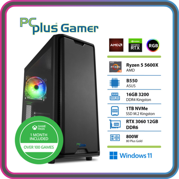 PCPLUS Gamer Ryzen 5 5600X 16GB 1TB SSD  RTX 3060 12GB Windows 11 Home + Xbox GP gaming namizni računalnik