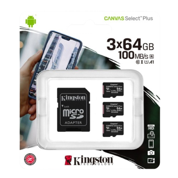 KINGSTON Canvas Select Plus microSD 3x64GB Class10 UHS-I adapter (SDCS2/64GB-3P1A) spominska kartica in adapter