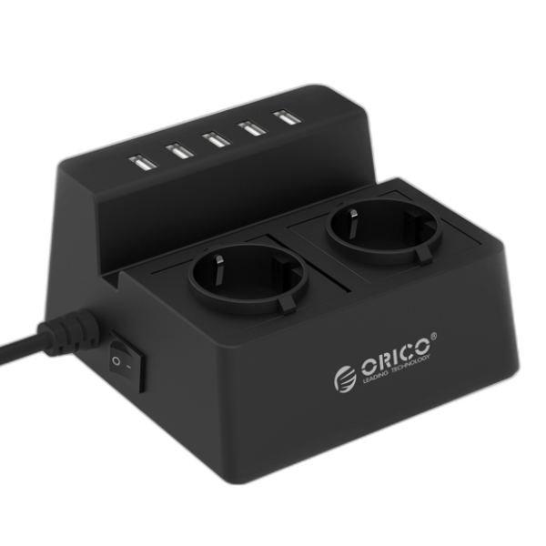 Razdelilec 2x 230V, 5x USB, 15.000 A, prenapetostna zaščita, črn, ORICO