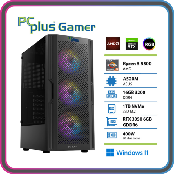 PCplus Gamer Ryzen 5 5500 16GB 1TB NVMe SSD GeForce RTX 3050 6GB Windows 11 gaming namizni računalnik