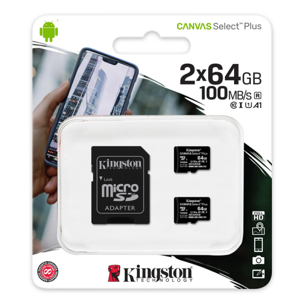 KINGSTON Canvas Select Plus microSD 2x64GB Class10 UHS-I adapter (SDCS2/64GB-2P1A) spominska kartica in adapter