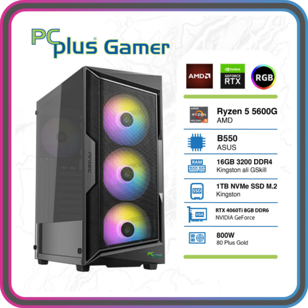 PCPLUS Gamer Ryzen 5 5600G 16GB 1TB NVMe SSD GeForce RTX 4060 Ti 8GB RGB gaming namizni računalnik
