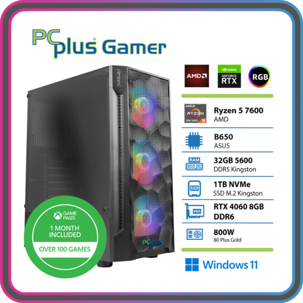 PCPLUS Gamer Ryzen 5 7600 32GB 1TB SSD RTX 4060 8GB Windows 11 Home + Xbox GP gaming namizni računalnik