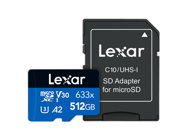 Spominska kartica Lexar High-Performance 633x, micro SDXC, 512GB, 100MB/s, U3, V30, A2, UHS-I, z adapterjem
