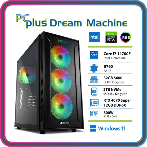 PCPLUS Dream Machine Core i7-14700F 32GB 2TB NVMe SSD RTX 4070 Super 12GB Windows 11 Home gaming namizni računalnik