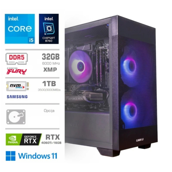 Računalnik MEGA MT S7X GAMER i5-13400F/RTX4060Ti-16GB/32GB-DDR5/1TB/750W/Win11Home/črna RGB (R)